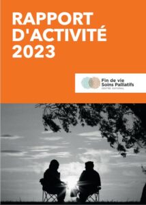 Intitulé du rapport d'activité 2023, illustration de deux personnes assises face au coucher de soleil et logo du CNSPFV